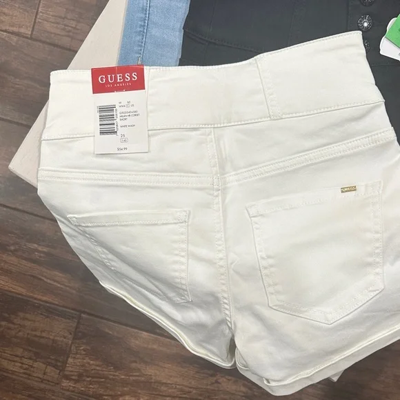 Guess Women's High Waist Shorts - Denim, Light Denim, Black, White - Picture 2 of 5